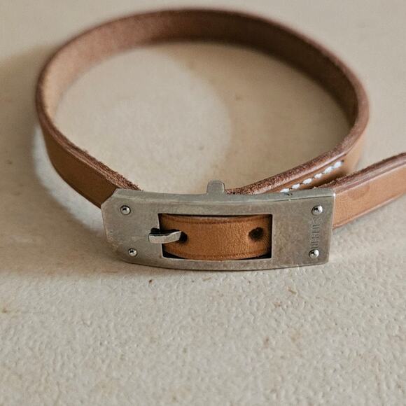 Hermès Api Leather Wrap Bracelet Tan Camel Palladium Hardware Size Large Auth